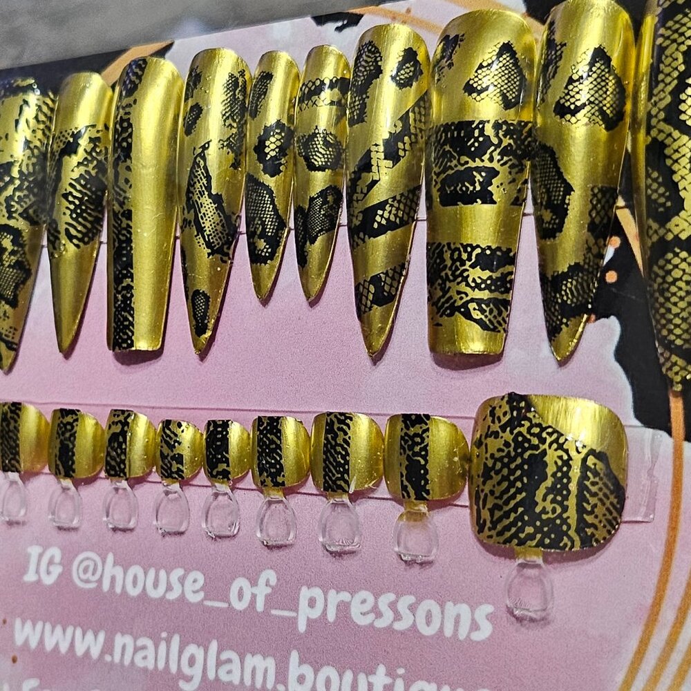 Gold xl length snake skin press ons